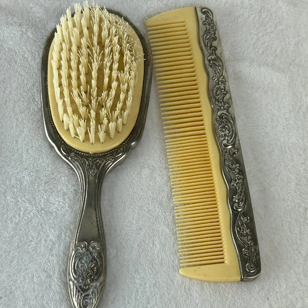 Vintage 3 piece Dresser Vanity Set Silver Plated Mirror, Brush and Comb (heavy)